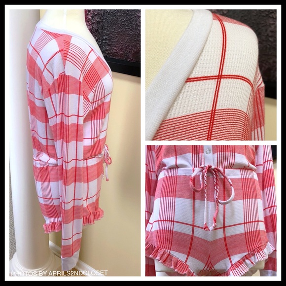 WILDFOX RED WHITE PLAID RUFFLE TRIM ROMPER - Picture 6 of 8